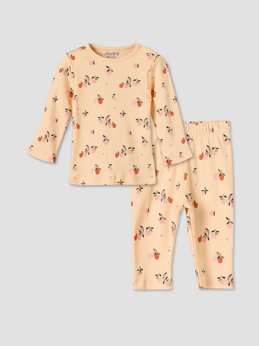 Cotton Round Neck Long Sleeves Pyjama Set with Orange Print