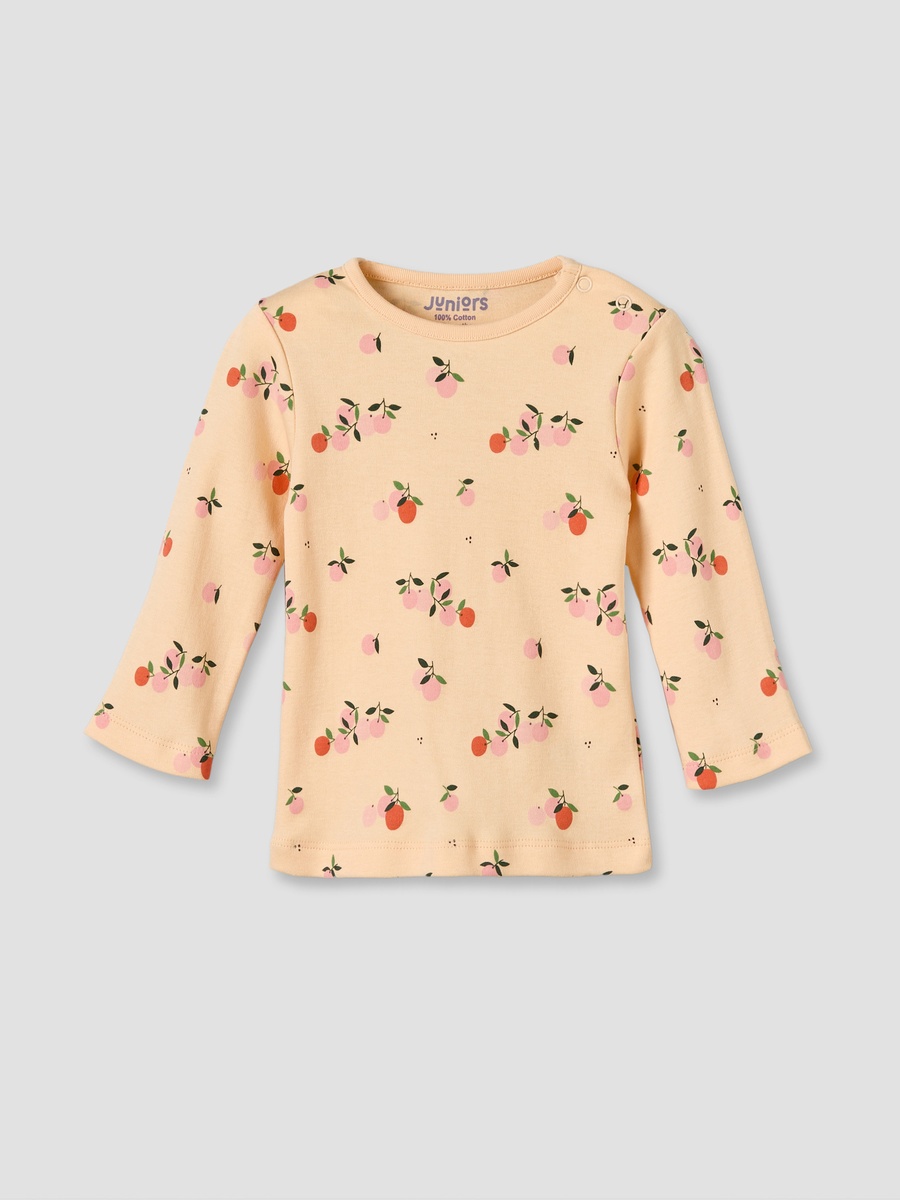 Cotton Round Neck Long Sleeves Pyjama Set with Orange Print