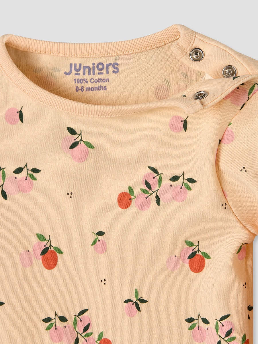 Cotton Round Neck Long Sleeves Pyjama Set with Orange Print