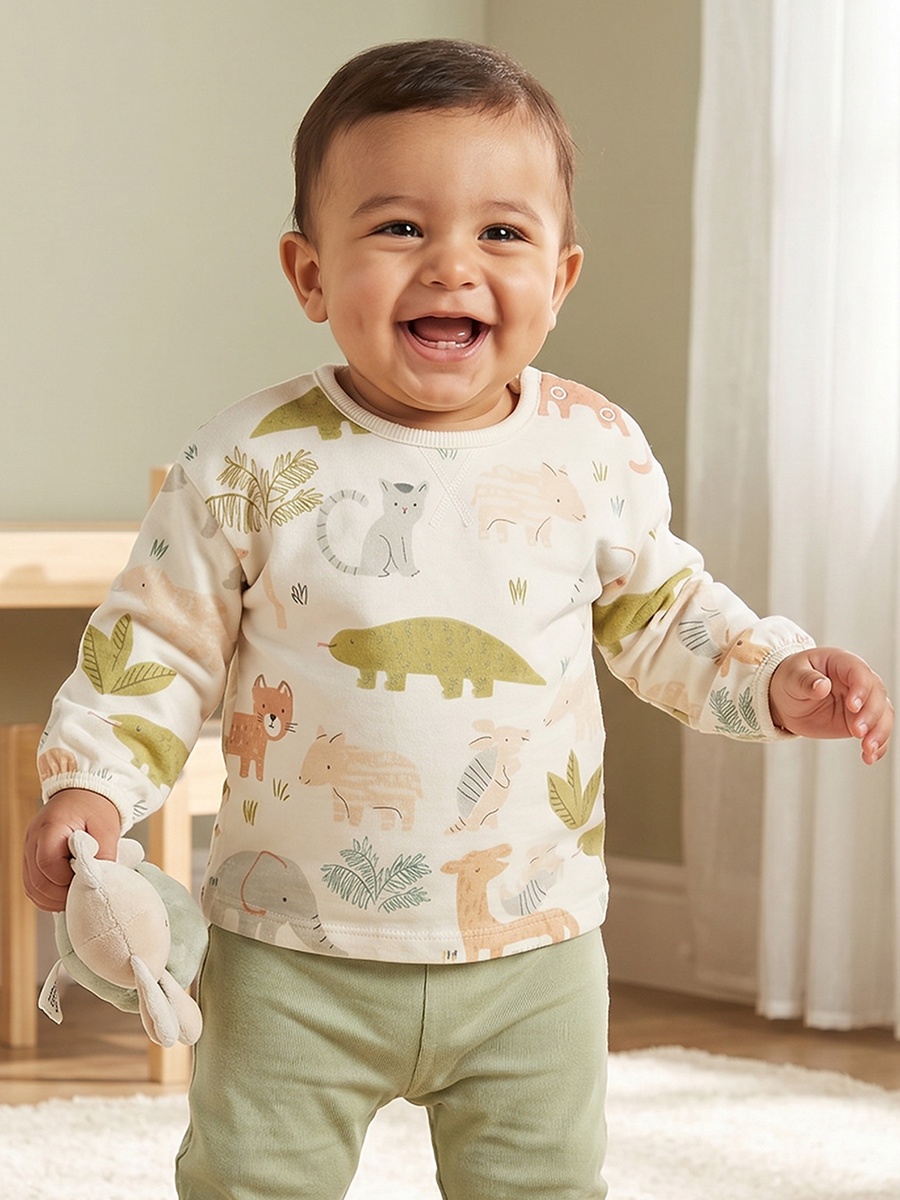 Cotton Crew Neck Long Sleeves Pyjama Set with Safari Print
