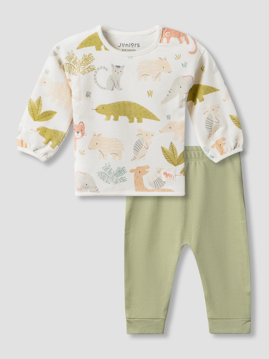 Cotton Crew Neck Long Sleeves Pyjama Set with Safari Print