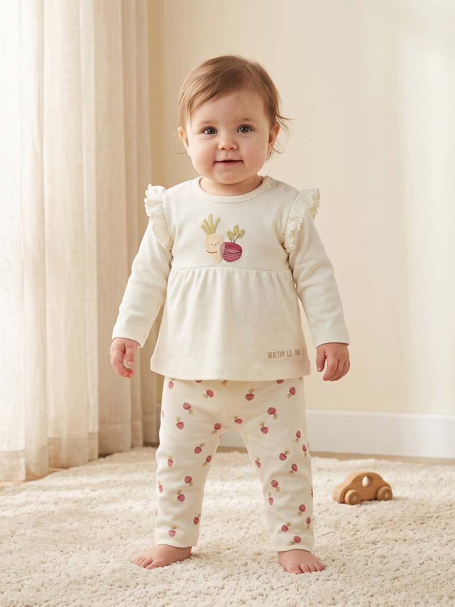 Cotton Crew Neck Long Sleeves Pyjama Set with Turnip Print