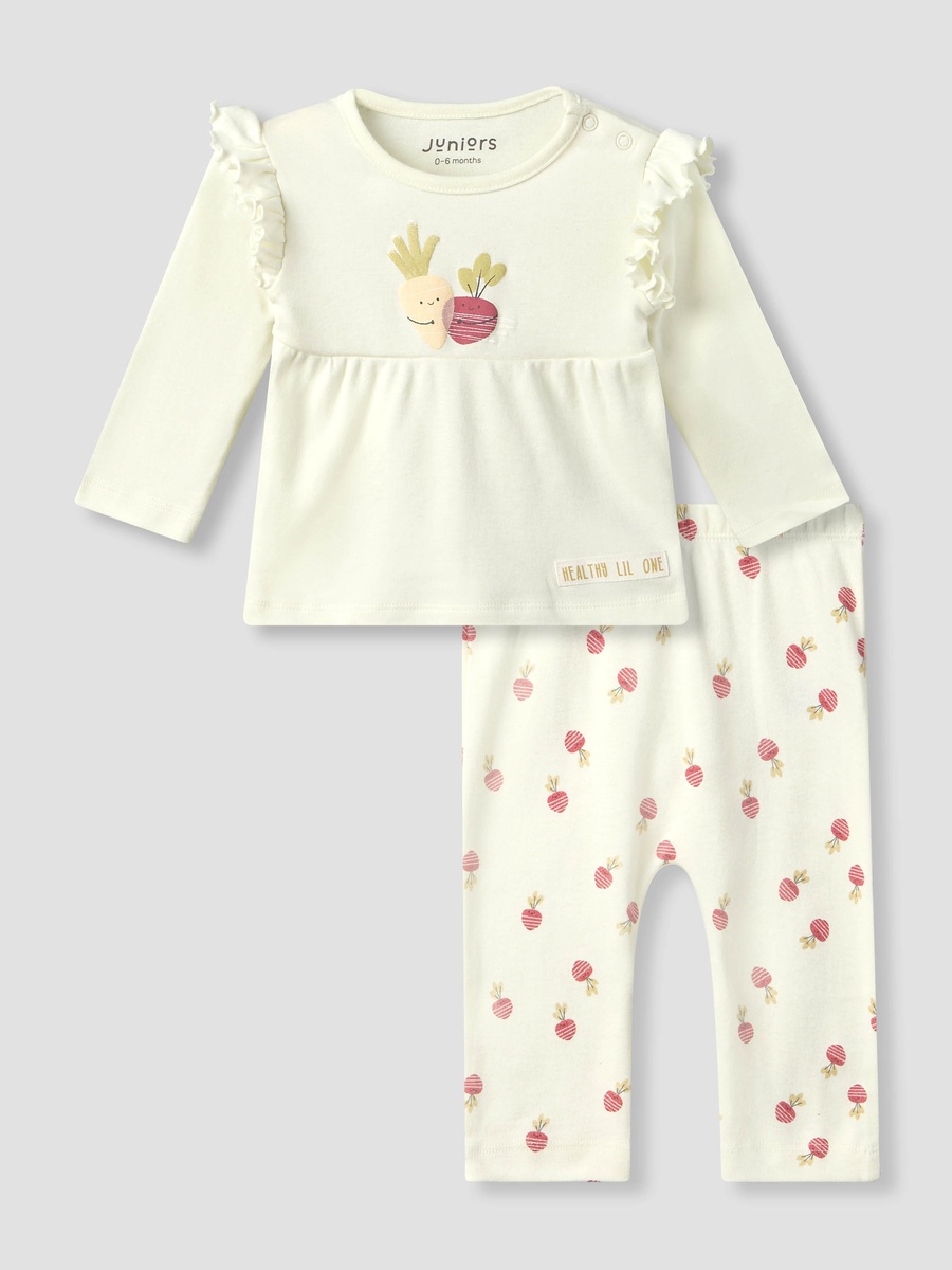 Cotton Crew Neck Long Sleeves Pyjama Set with Turnip Print