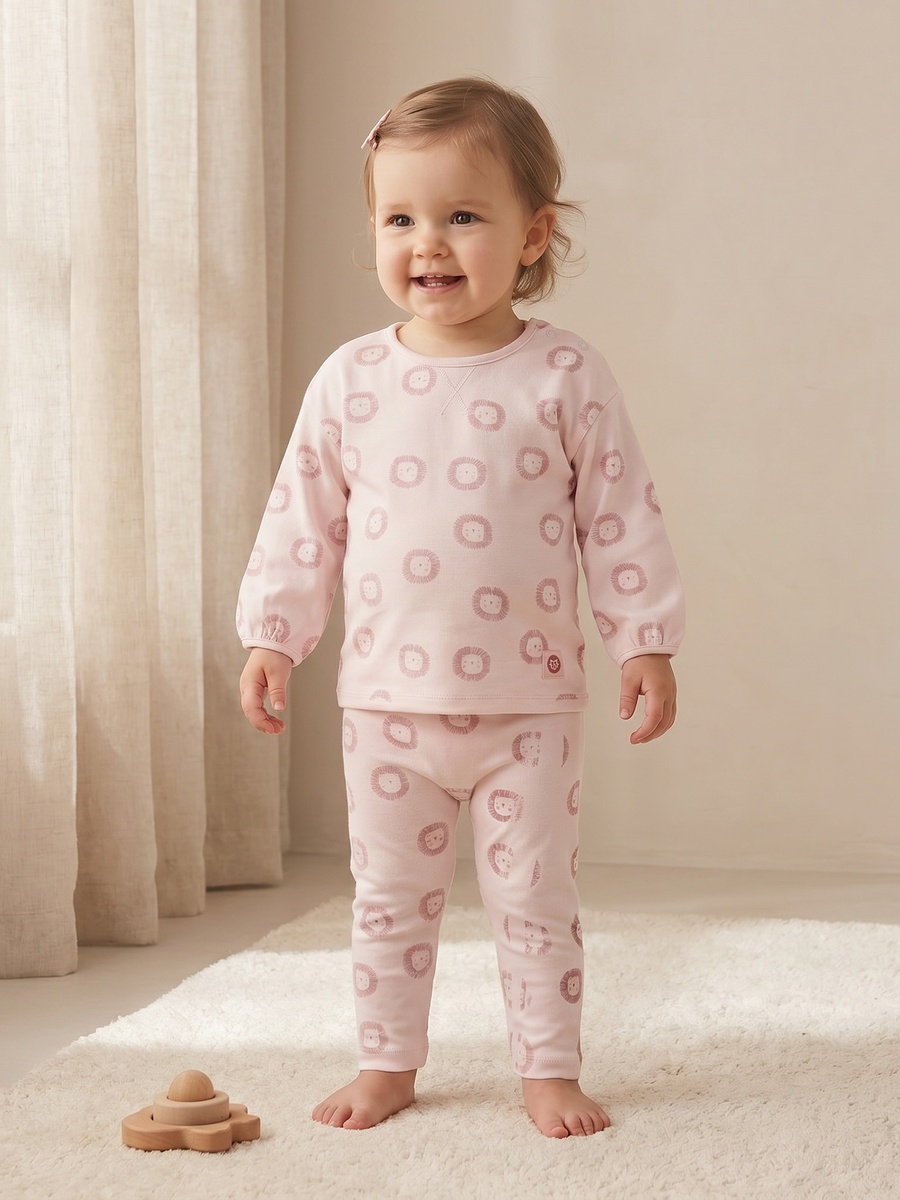 Cotton Crew Neck Long Sleeves Pyjama Set with Lion Print