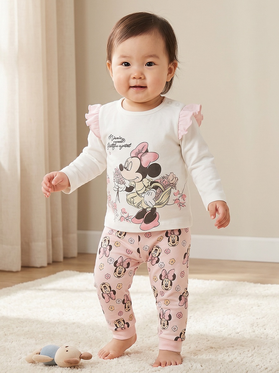 Cotton Crew Neck Long Sleeves Pyjama Set with Minnie Mouse Print
