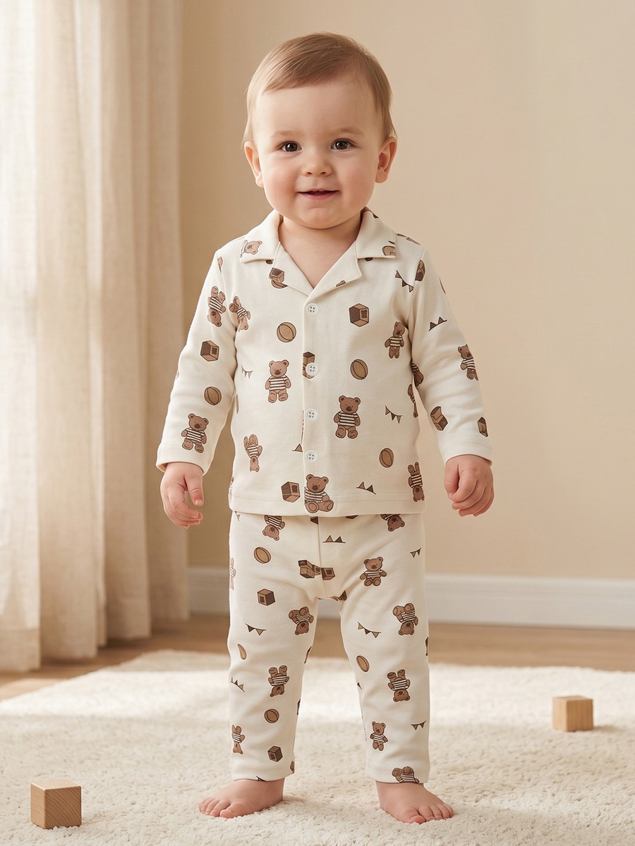 Cotton Collared Long Sleeves Pyjama Set with Teddy Bear Print