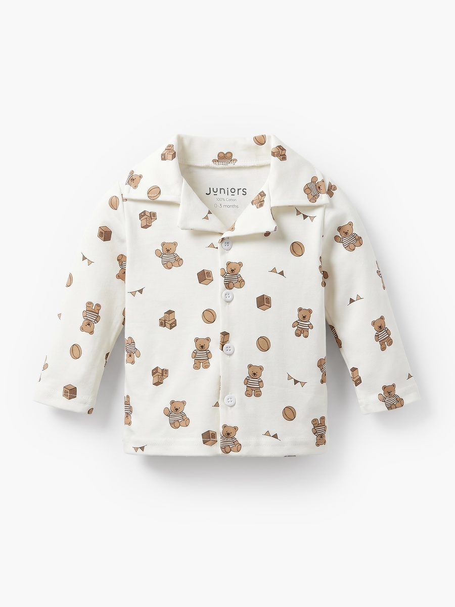 Cotton Collared Long Sleeves Pyjama Set with Teddy Bear Print