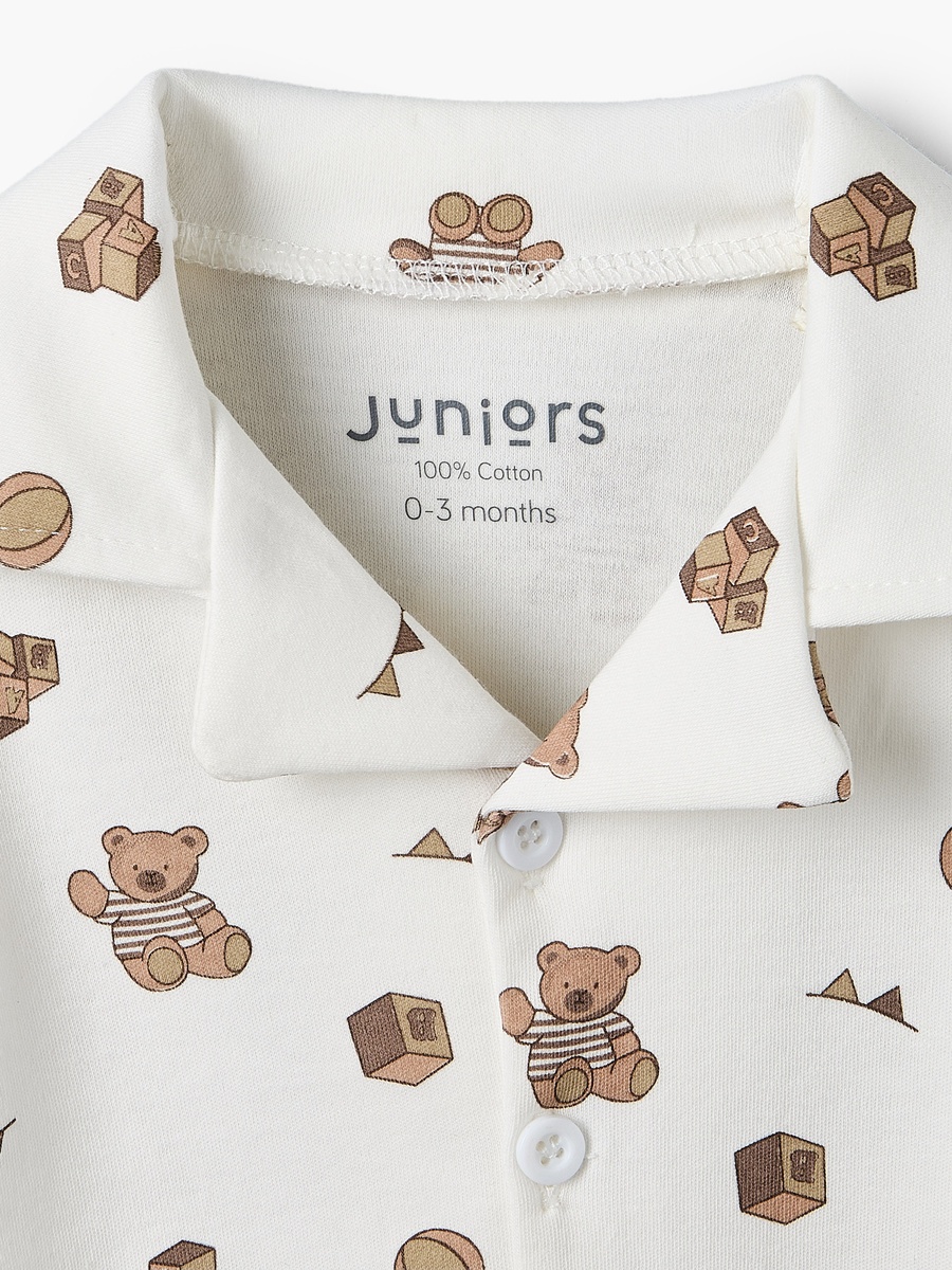 Cotton Collared Long Sleeves Pyjama Set with Teddy Bear Print