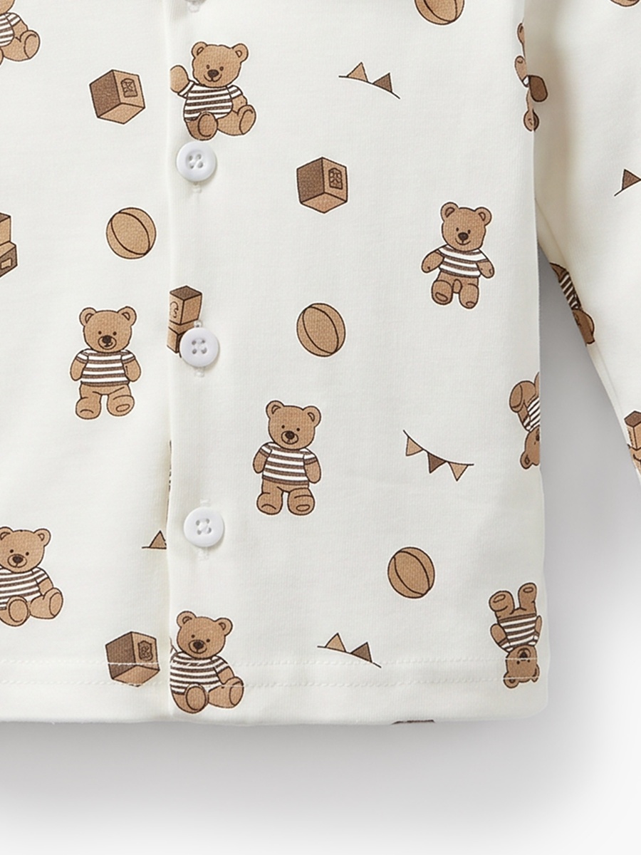 Cotton Collared Long Sleeves Pyjama Set with Teddy Bear Print