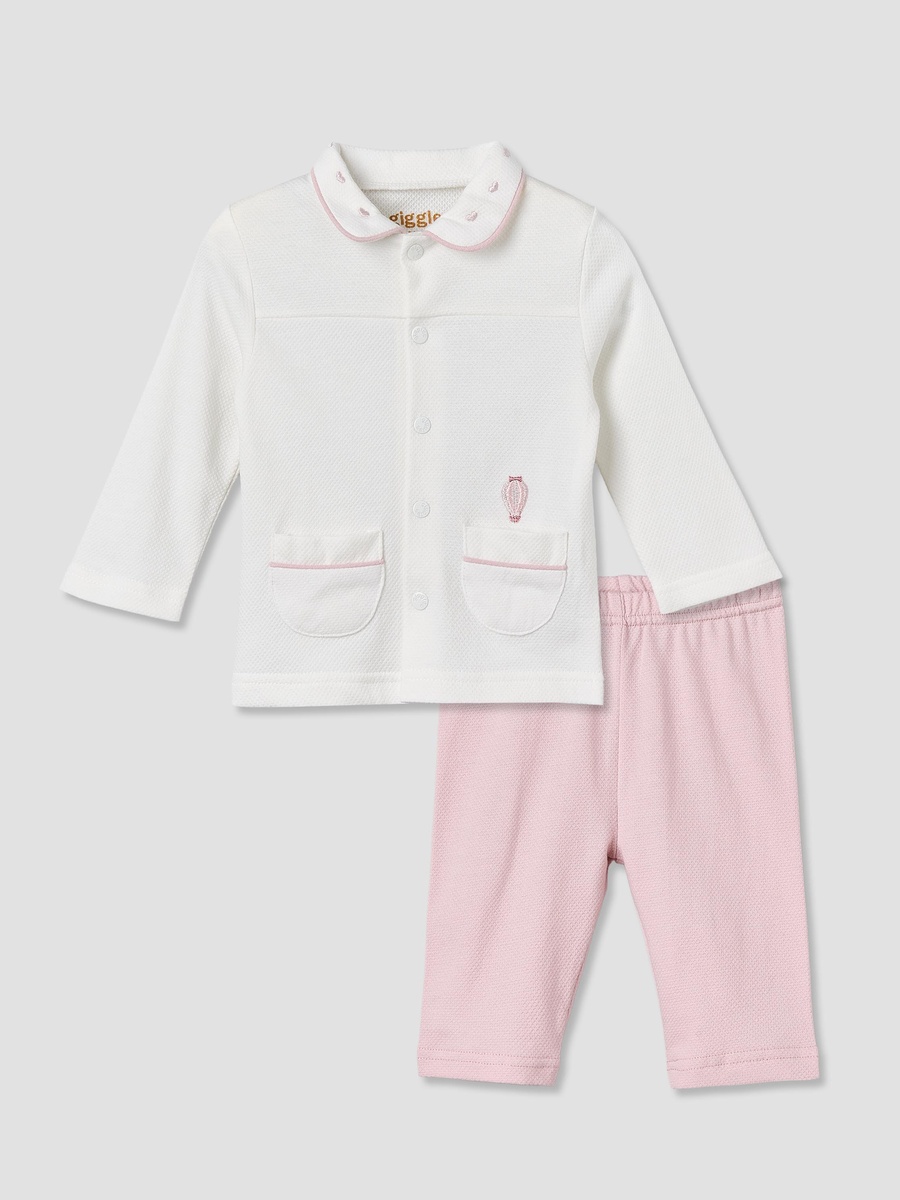 Cotton Collared Long Sleeves Pyjama Set with Textured Pattern