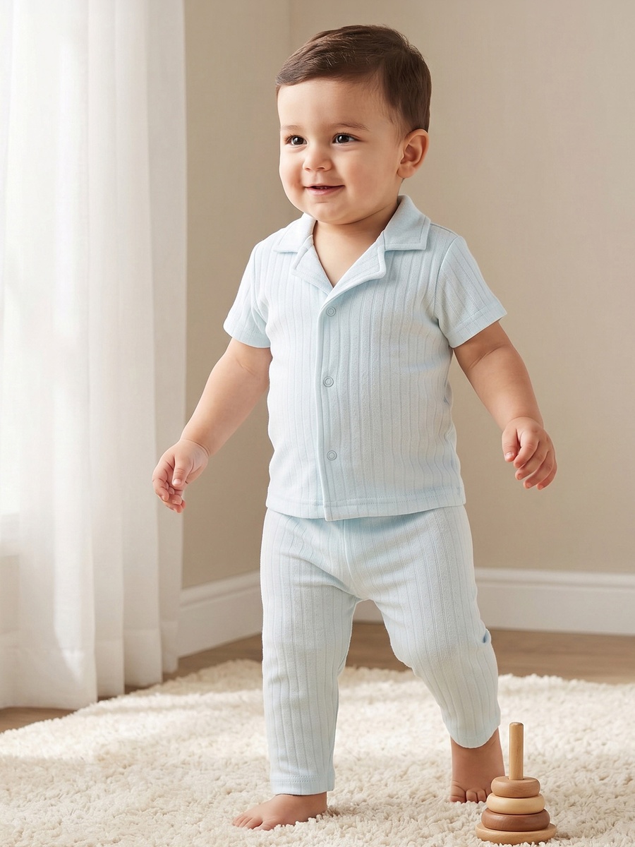Cotton Collared Short Sleeves Pyjama Set with Textured Design