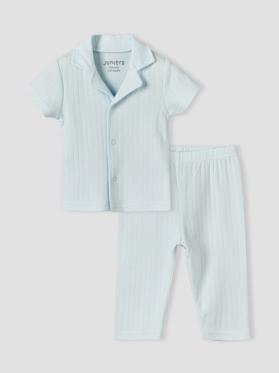 Cotton Collared Short Sleeves Pyjama Set with Textured Design