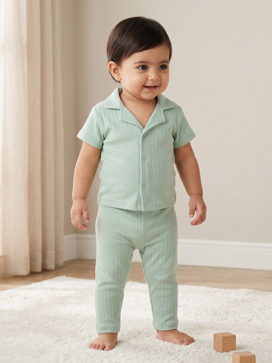 Cotton Collared Short Sleeves Pyjama Set with Textured Design