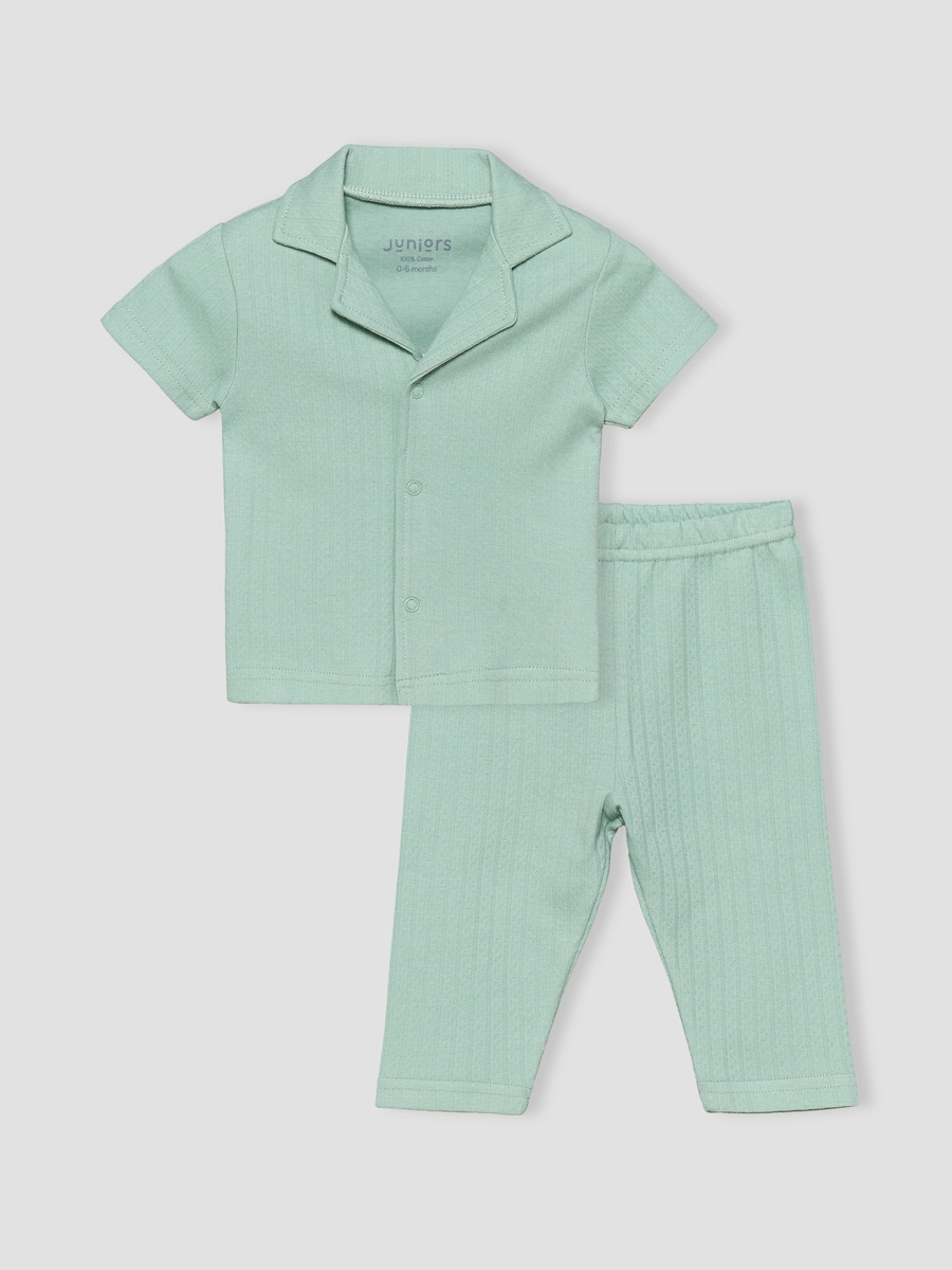 Cotton Collared Short Sleeves Pyjama Set with Textured Design