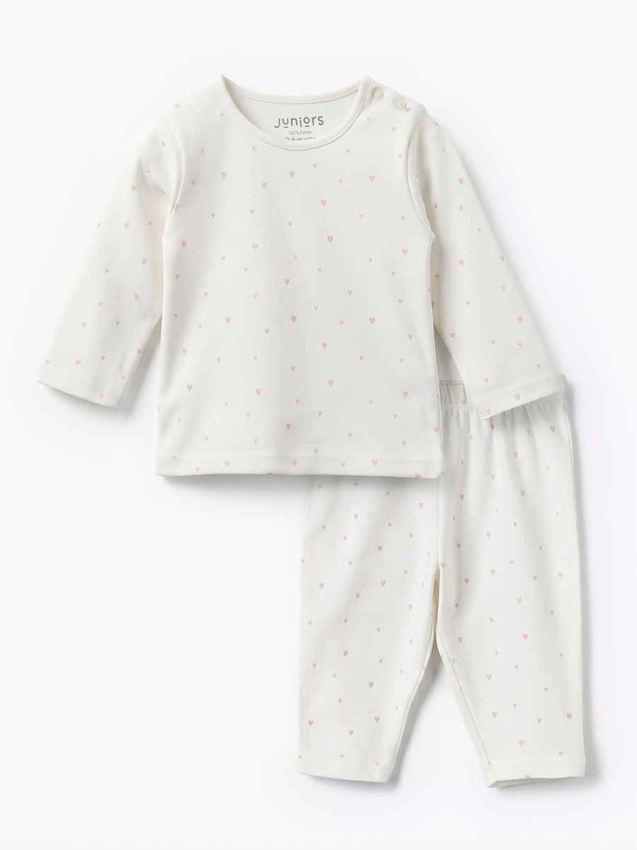Cotton Round Neck Long Sleeves Pyjama Set with Heart Print