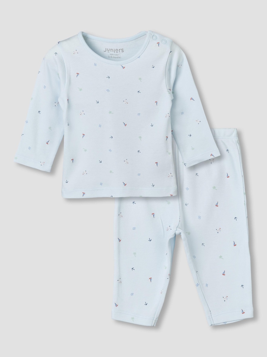 Cotton Round Neck Long Sleeves Pyjama Set with Nautical Print