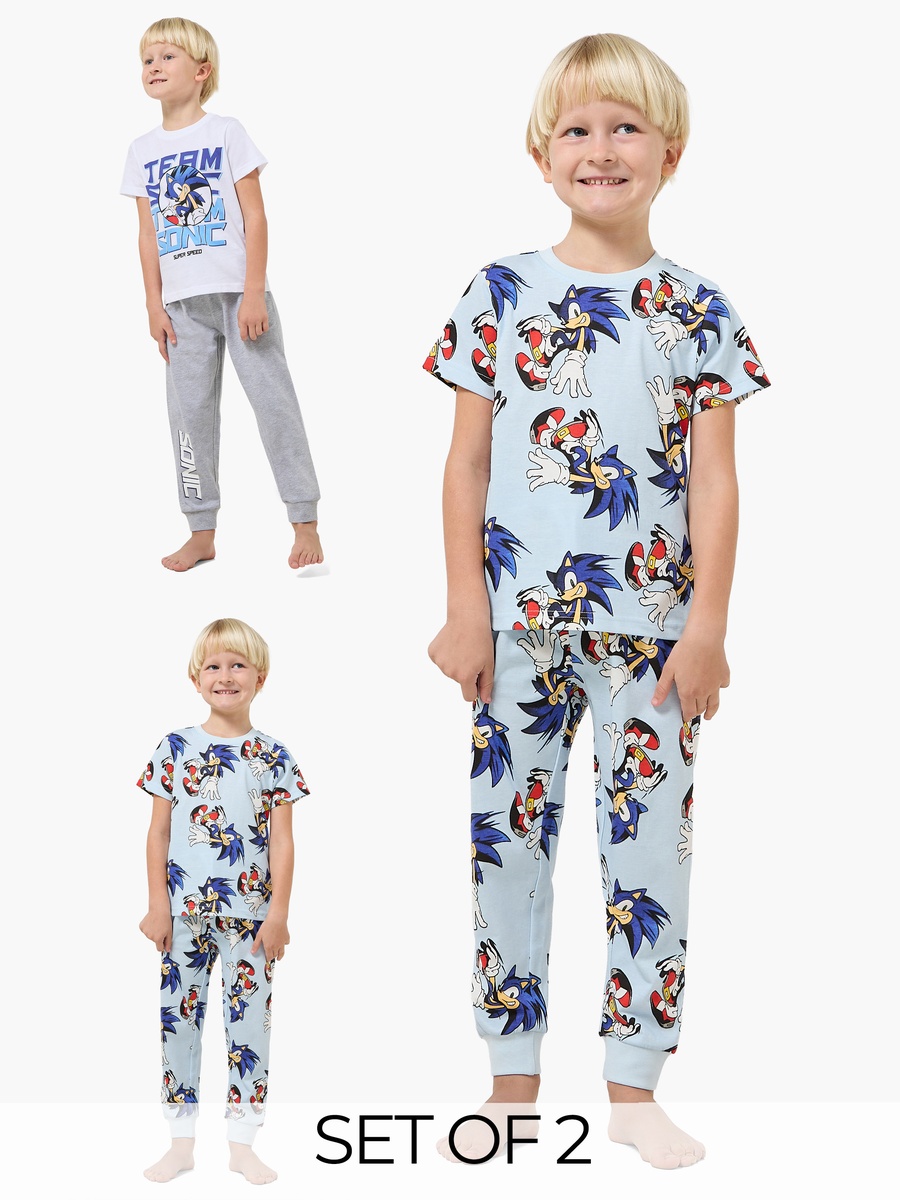 Set of 2 Cotton Round Neck Short Sleeves Pyjama Set with Sonic the Hedgehog Print
