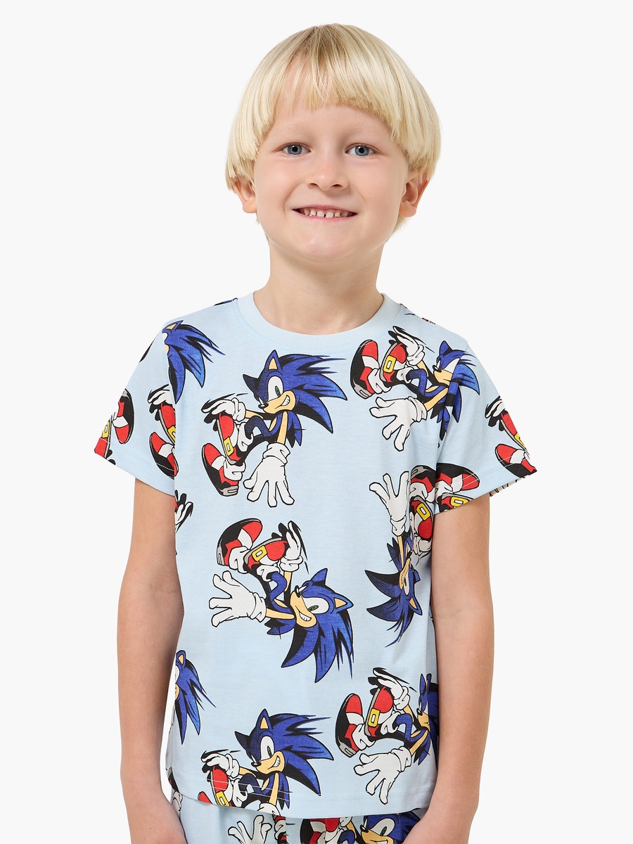 Set of 2 Cotton Round Neck Short Sleeves Pyjama Set with Sonic the Hedgehog Print