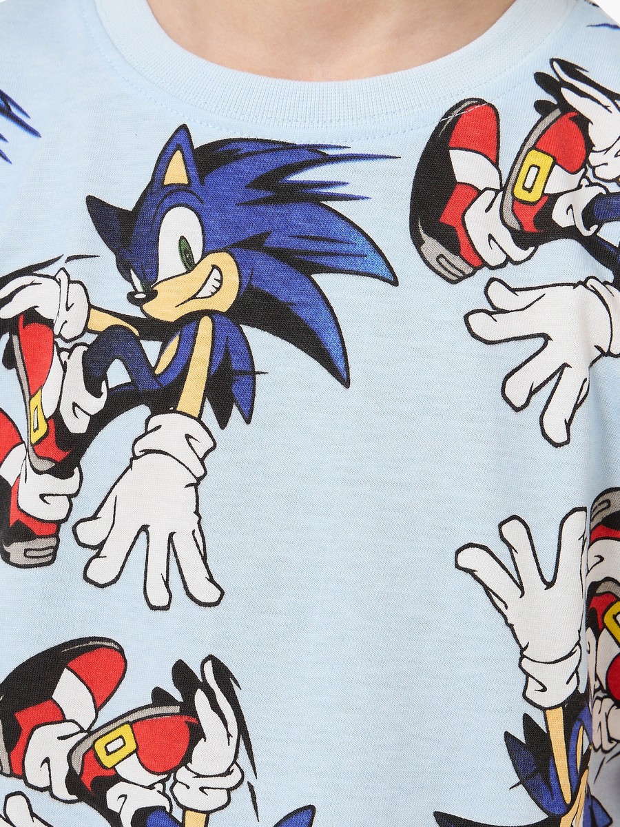 Set of 2 Cotton Round Neck Short Sleeves Pyjama Set with Sonic the Hedgehog Print