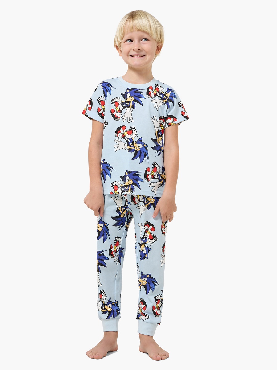 Set of 2 Cotton Round Neck Short Sleeves Pyjama Set with Sonic the Hedgehog Print