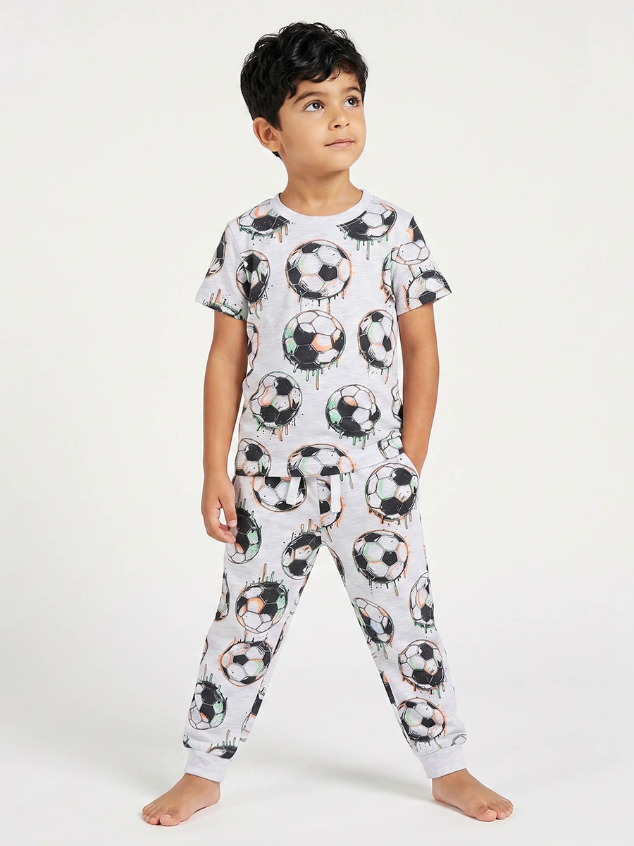 Cotton Crew Neck Short Sleeves Pyjama Set with Football Print