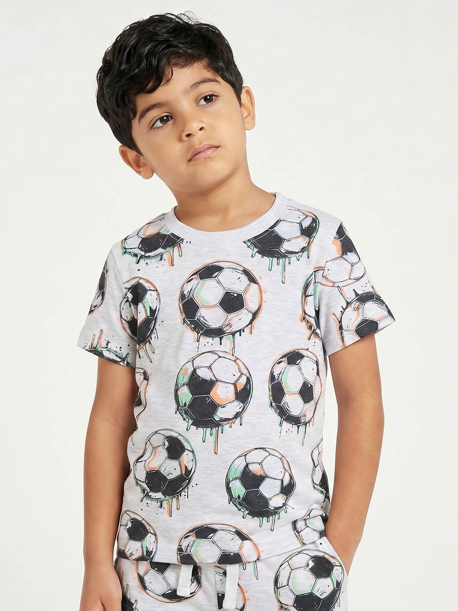 Cotton Crew Neck Short Sleeves Pyjama Set with Football Print
