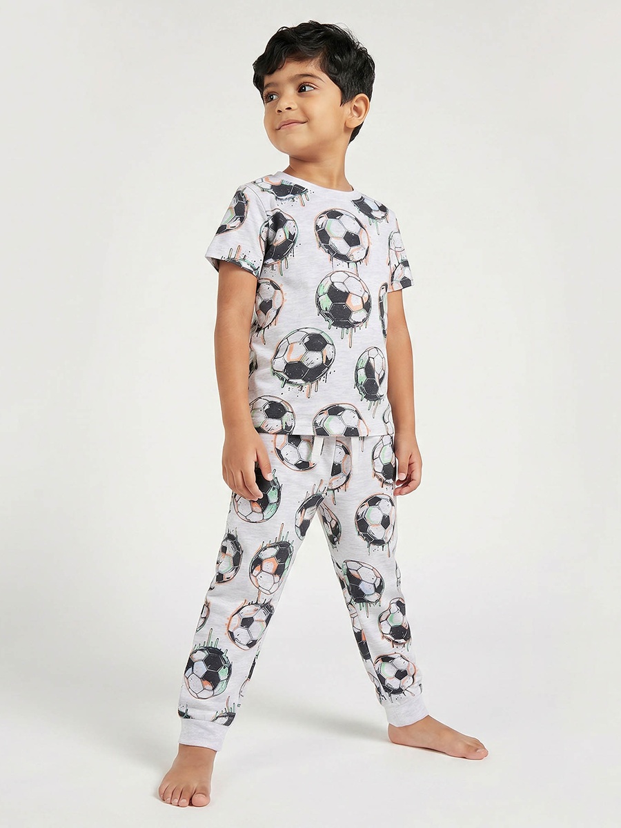 Cotton Crew Neck Short Sleeves Pyjama Set with Football Print