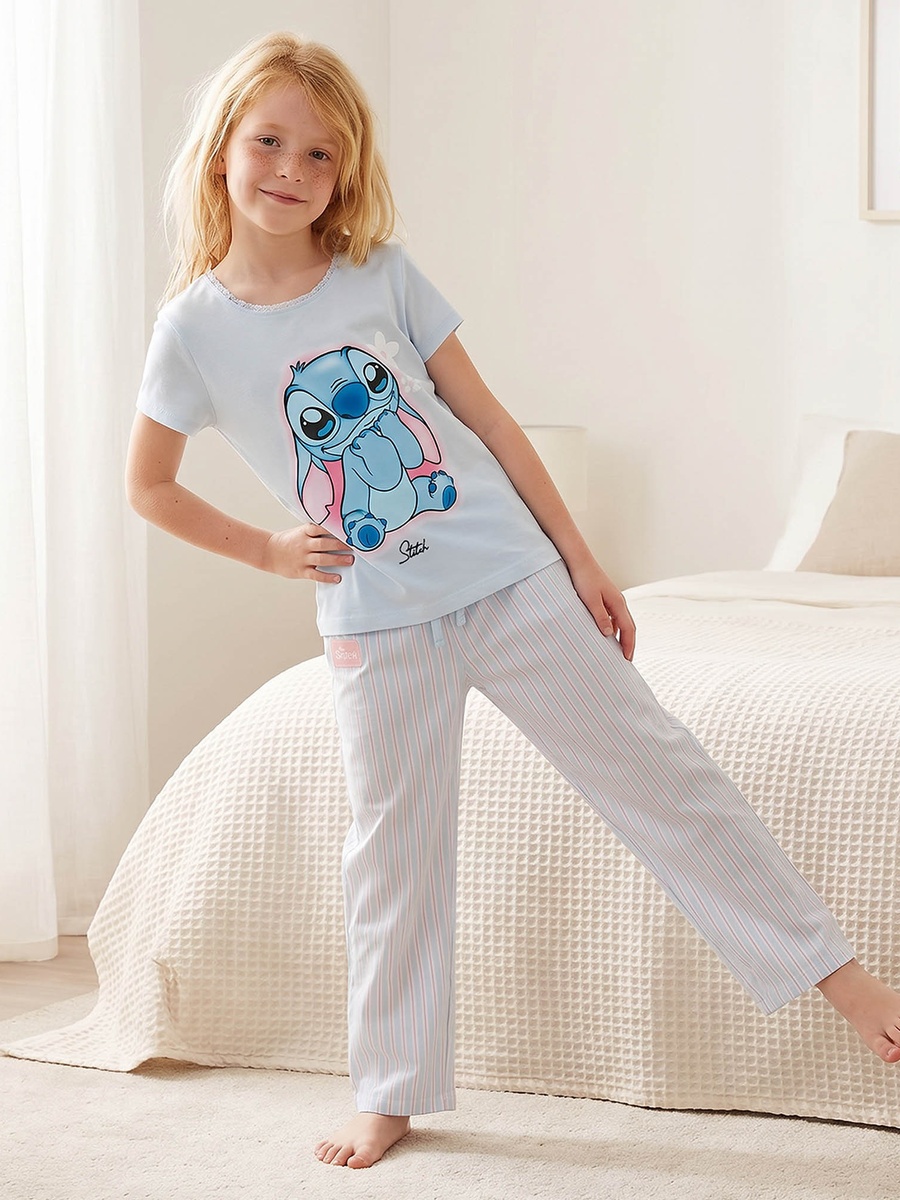 Cotton Round Neck Short Sleeves Pyjama Set with Stitch Print