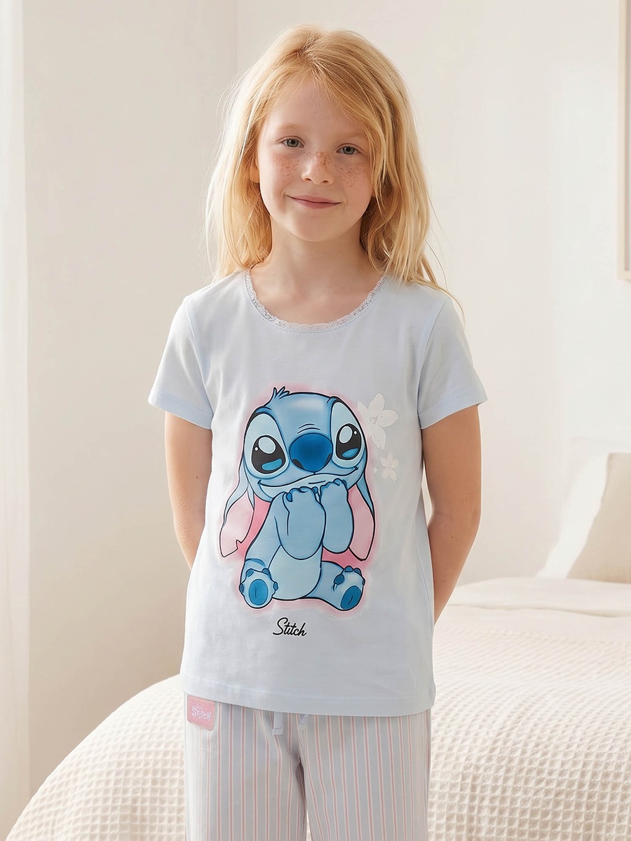 Cotton Round Neck Short Sleeves Pyjama Set with Stitch Print