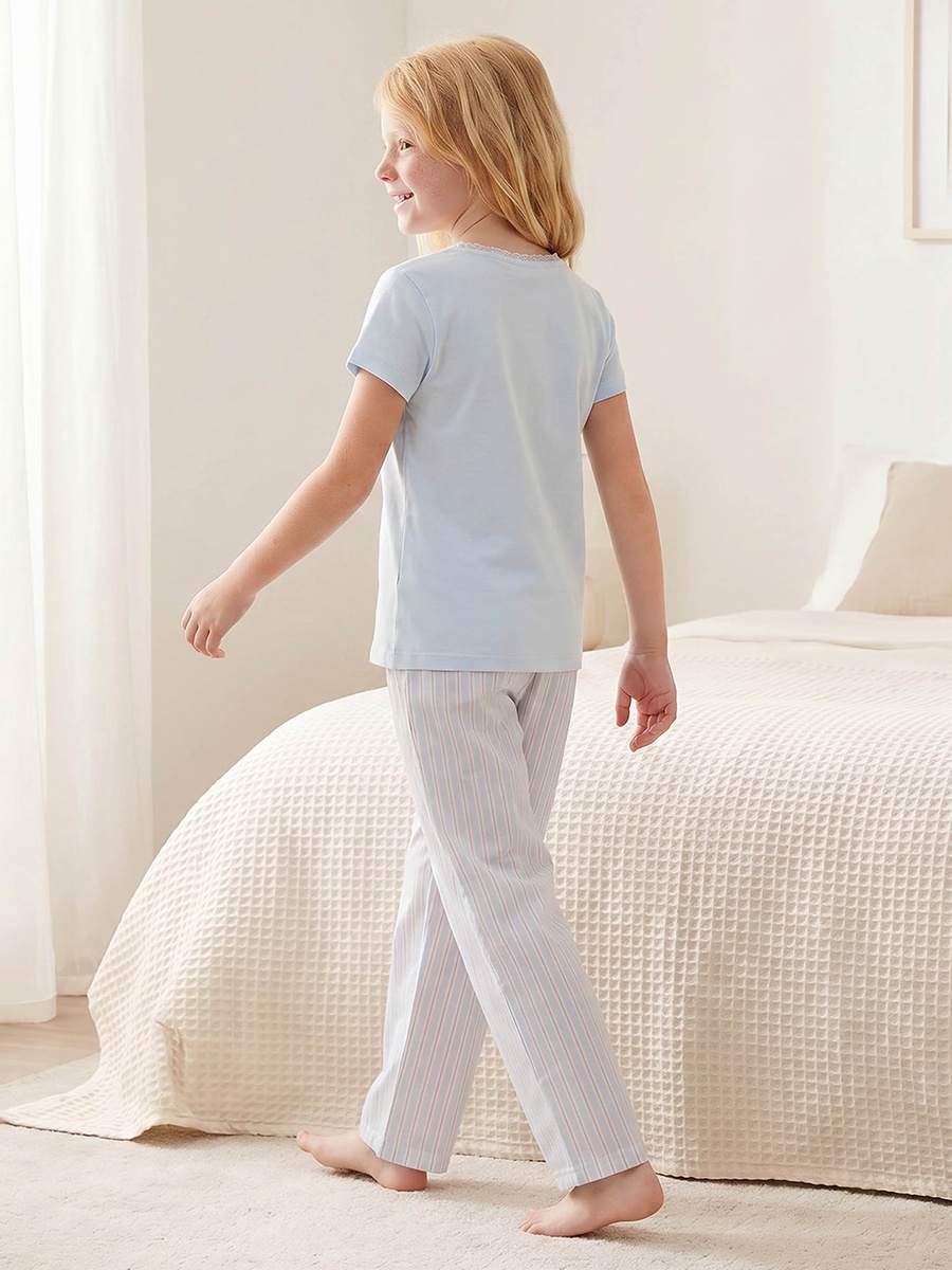 Cotton Round Neck Short Sleeves Pyjama Set with Stitch Print