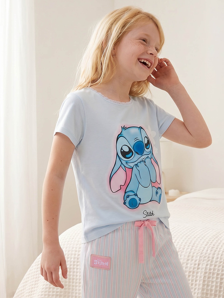 Cotton Round Neck Short Sleeves Pyjama Set with Stitch Print