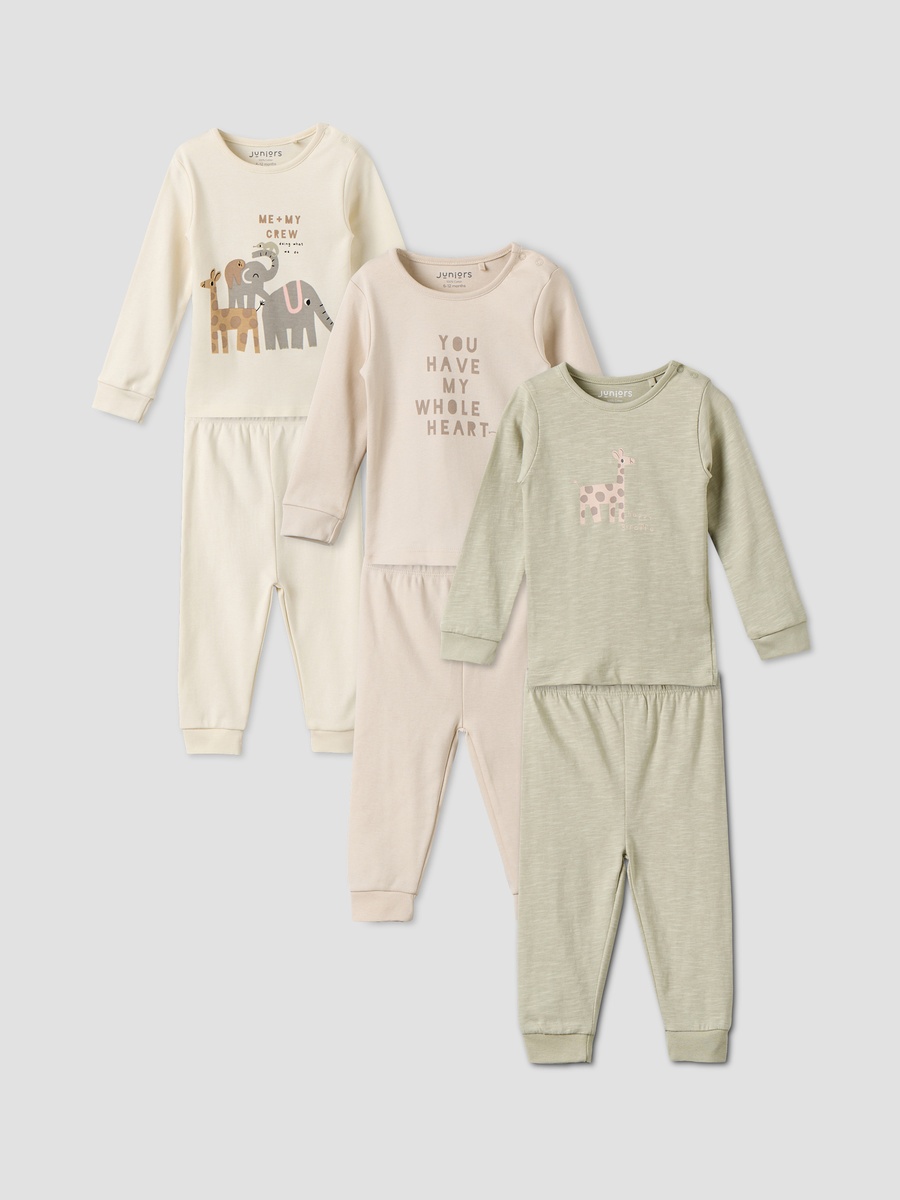Pack of 3 Cotton Crew Neck Long Sleeves Pyjama Set with Safari Print