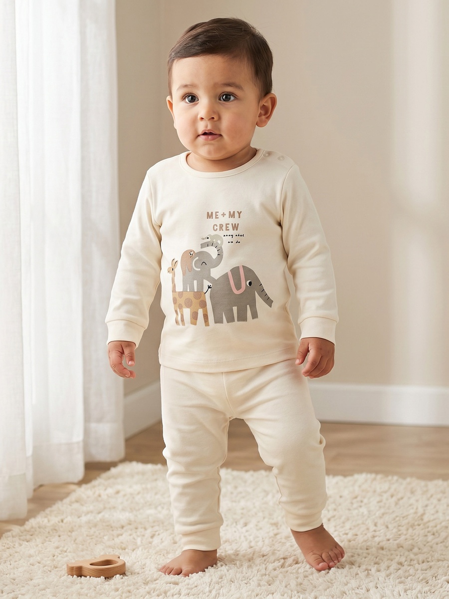 Pack of 3 Cotton Crew Neck Long Sleeves Pyjama Set with Safari Print