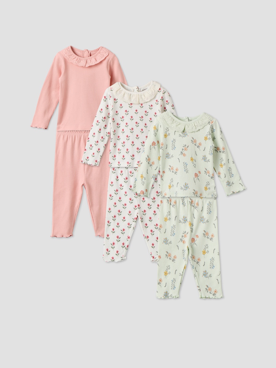 Pack of 3 Cotton Crew Neck Long Sleeves Pyjama Set with Floral Prints
