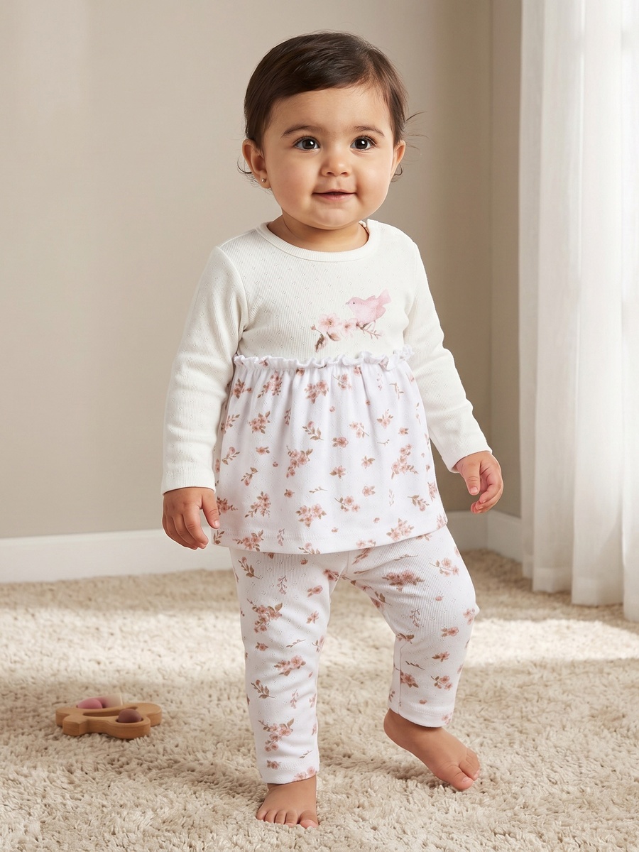 Cotton Crew Neck Long Sleeves Pyjama Set with Floral Print