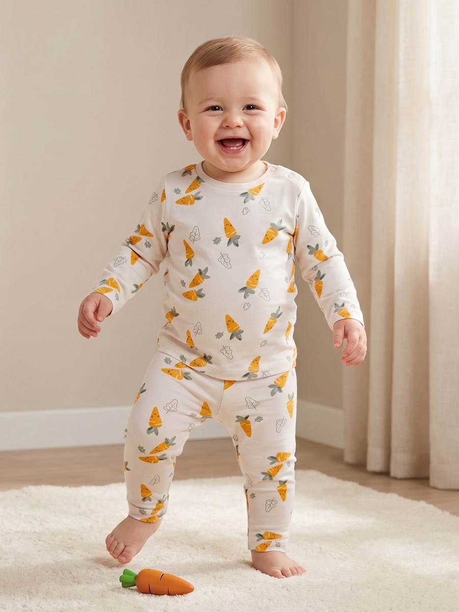 Cotton Round Neck Long Sleeves Pyjama Set with Carrot Print