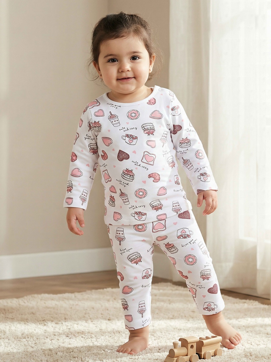 Cotton Round Neck Long Sleeves Pyjama Set with Food Print