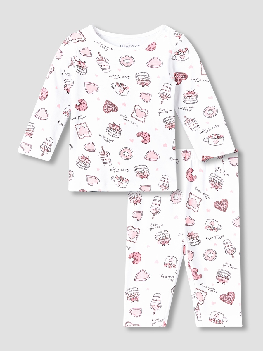 Cotton Round Neck Long Sleeves Pyjama Set with Food Print