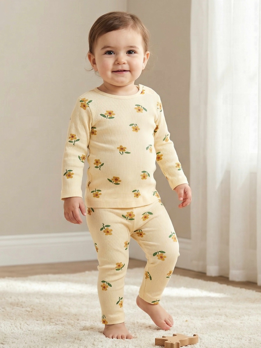 Cotton Round Neck Long Sleeves Pyjama Set with Floral Print