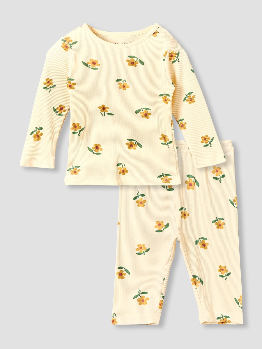 Cotton Round Neck Long Sleeves Pyjama Set with Floral Print
