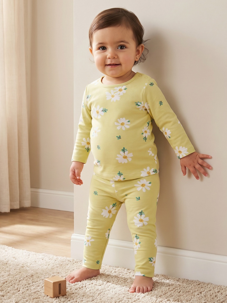 Cotton Round Neck Long Sleeve Pyjama Set with Floral Print