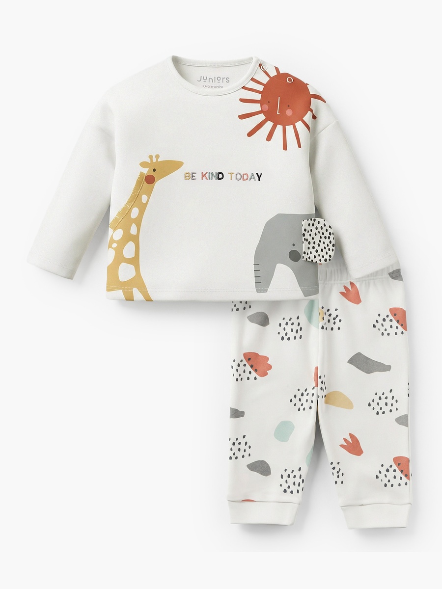 Cotton Round Neck Long Sleeves Pyjama Set with Safari Applique Detail