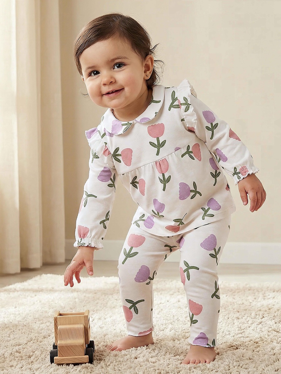 Cotton Peter Pan Collar Long Sleeves Pyjama Set with Floral Print