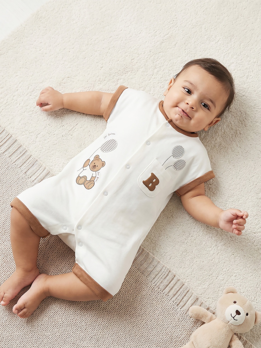 Crew Neck Short Sleeves Romper with Bear Print