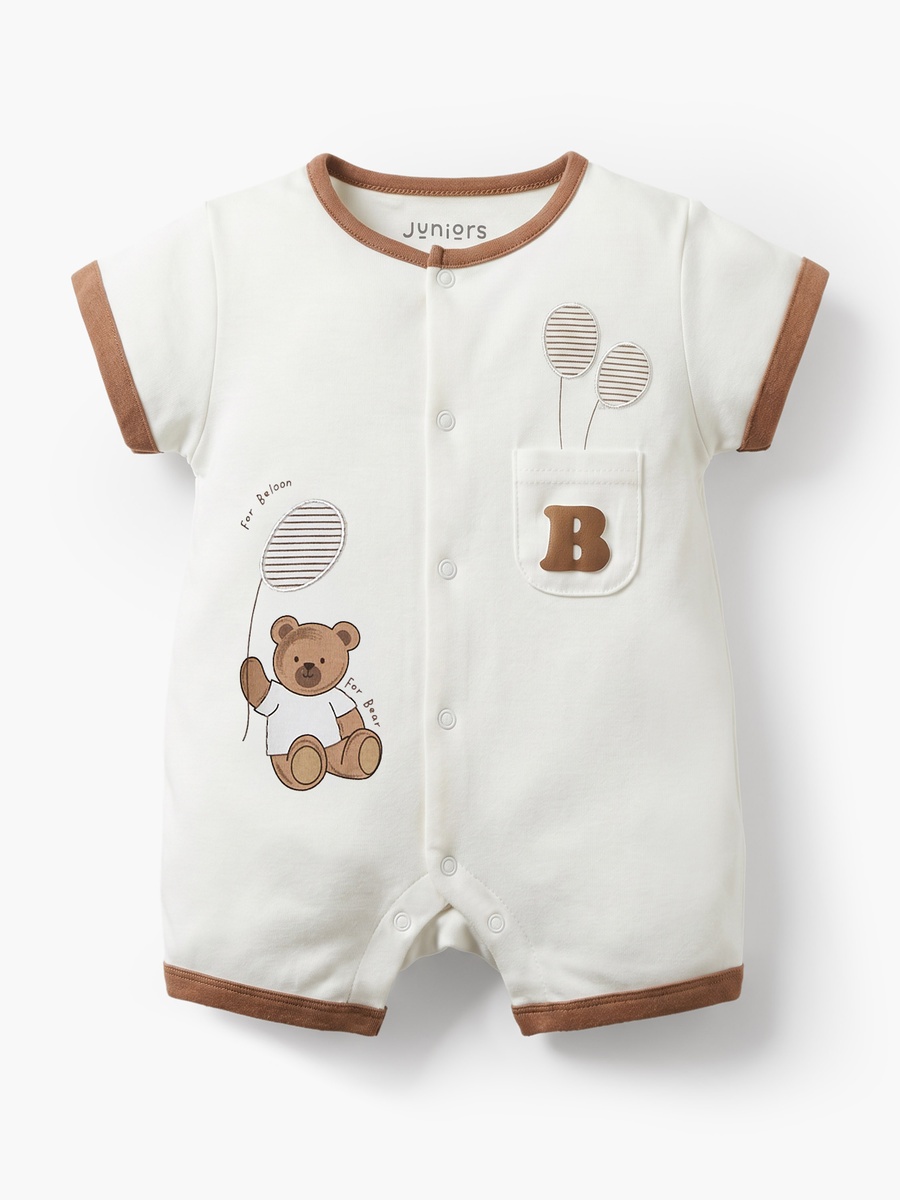 Crew Neck Short Sleeves Romper with Bear Print
