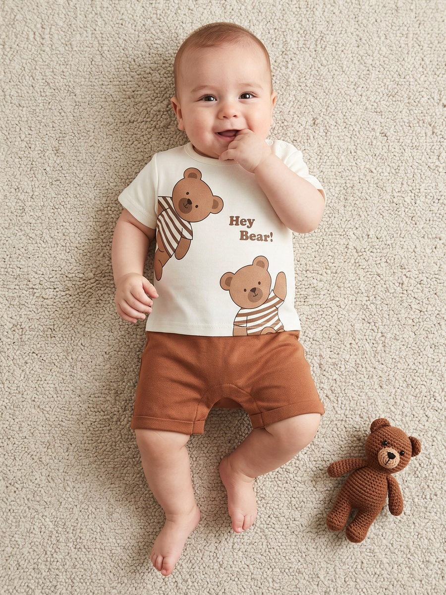 Crew Neck Short Sleeves Romper with Bear Print