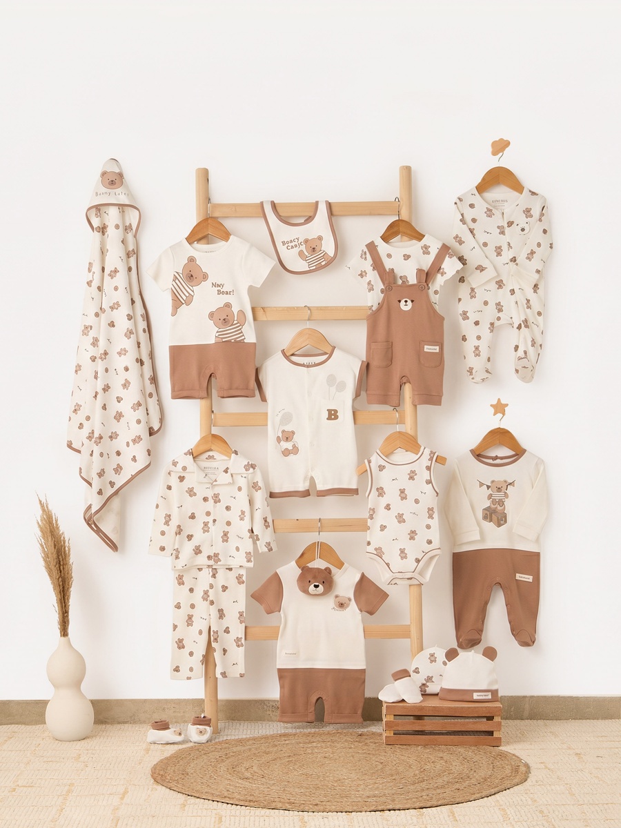 Crew Neck Short Sleeves Romper with Bear Print