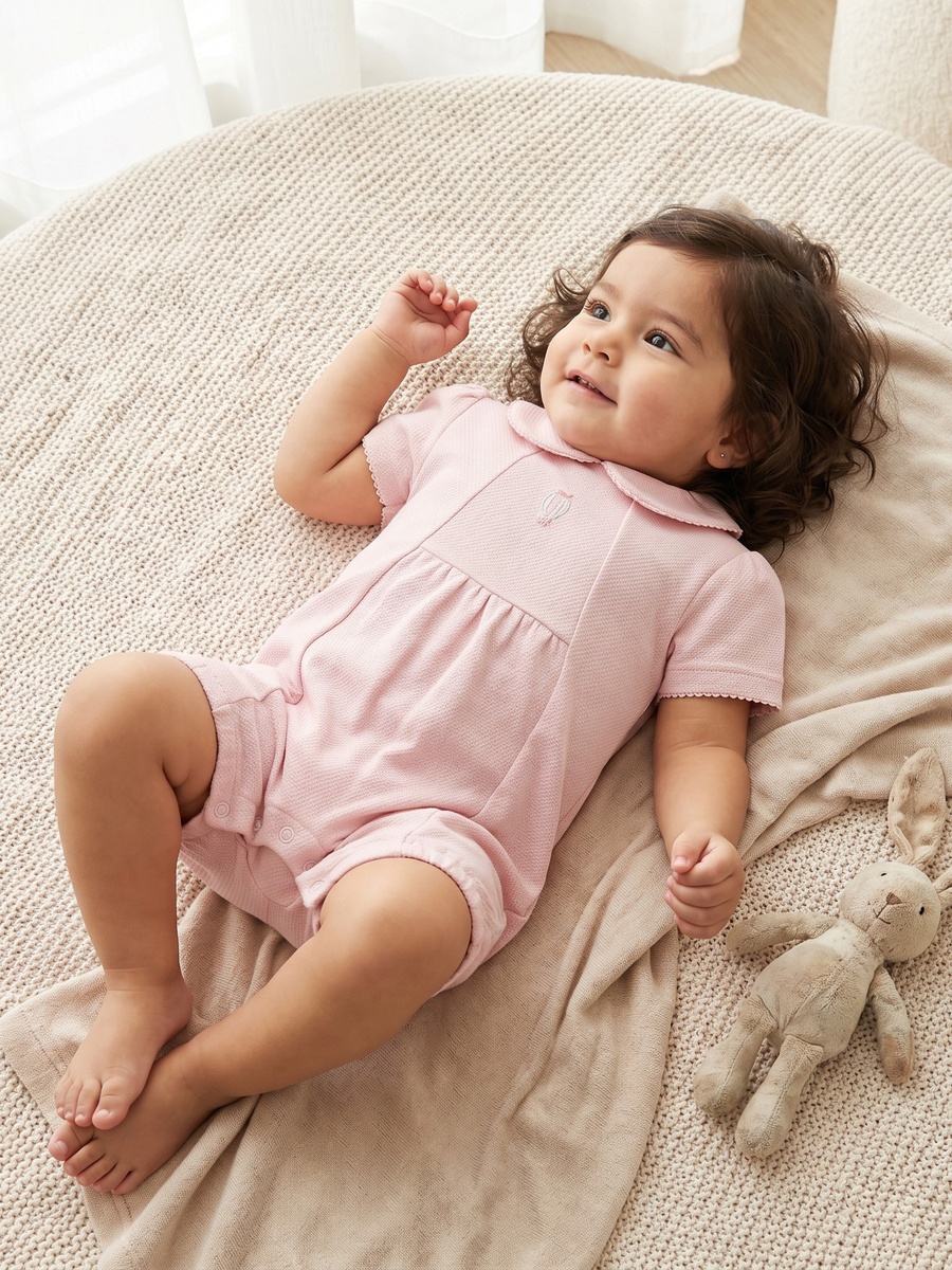 Peter Pan Collar Short Sleeves Romper with Snap Button Closure