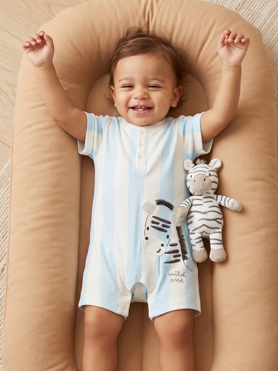 Henley Neck Short Sleeve Romper with Zebra Applique
