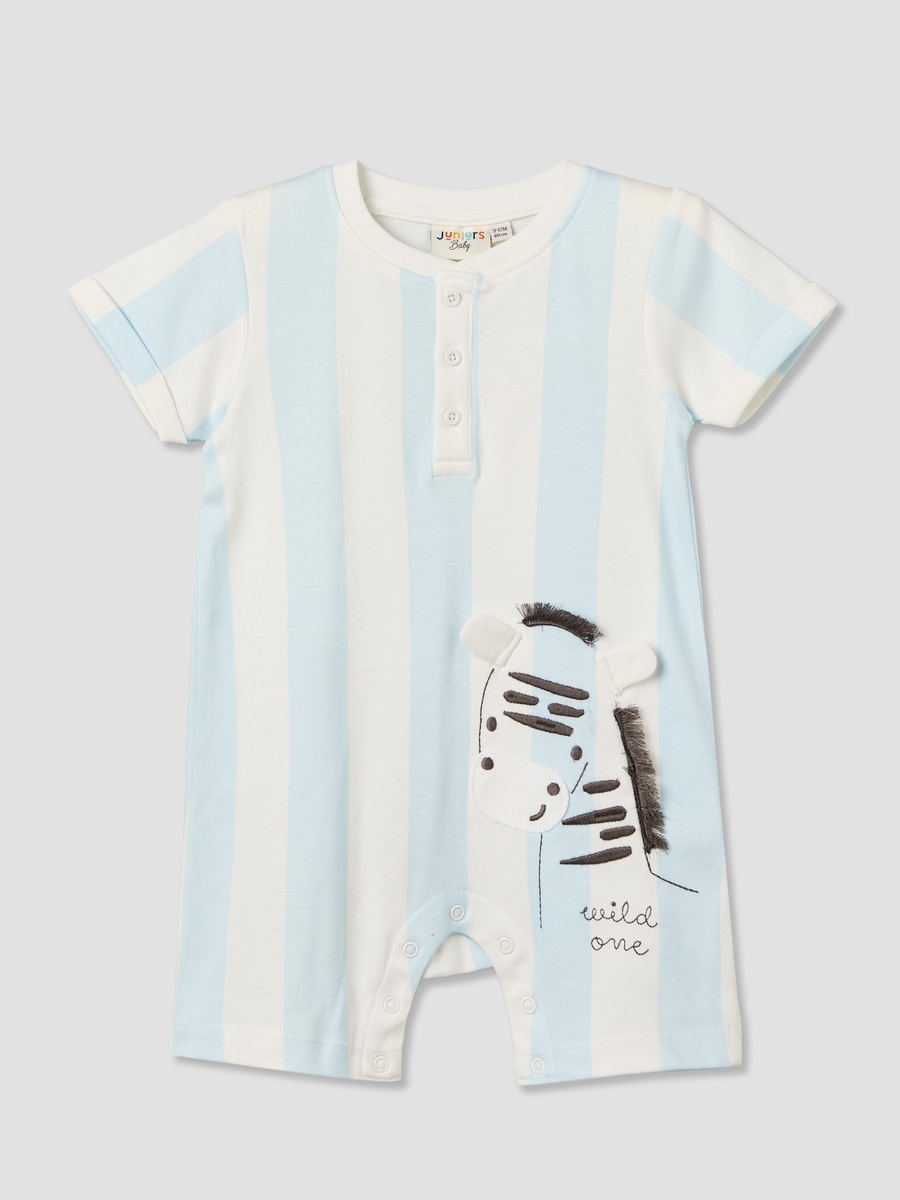 Henley Neck Short Sleeve Romper with Zebra Applique